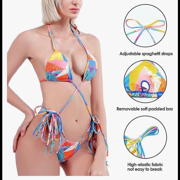 NWT Bandage Bikini GEOMETRICAL Print  Two Piece THONG  String Swimsuit - Picture 6 of 8